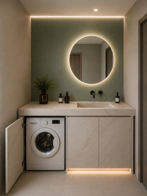 Modern bathroom at Stella CasaBono hotel in Sulmona with marble vanity, illuminated circular mirror, and integrated washing