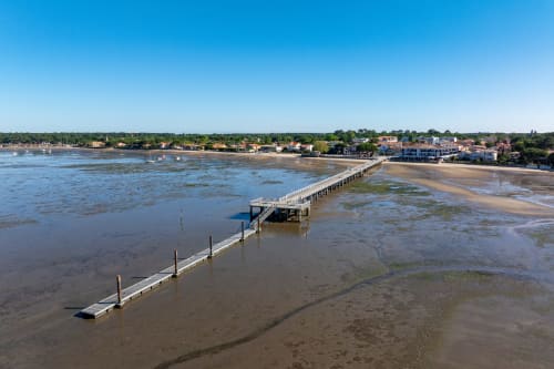 Ponton en bois s'avançant sur les vasières de la plage d'Andernos-les-Bains avec villas et arbres en bord de mer