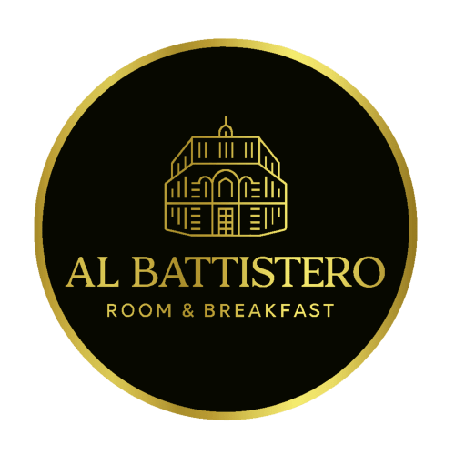 Logo Al Battistero Luxury Suite Room & Breakfast con icona dorata dell'edificio su distintivo circolare nero, Ravenna