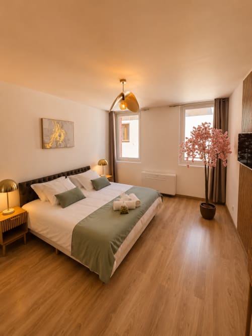 Modern Studio Deluxe bedroom at Le Clos Androne hotel in Sisteron with queen bed, green accents, wooden floors, and Citadelle