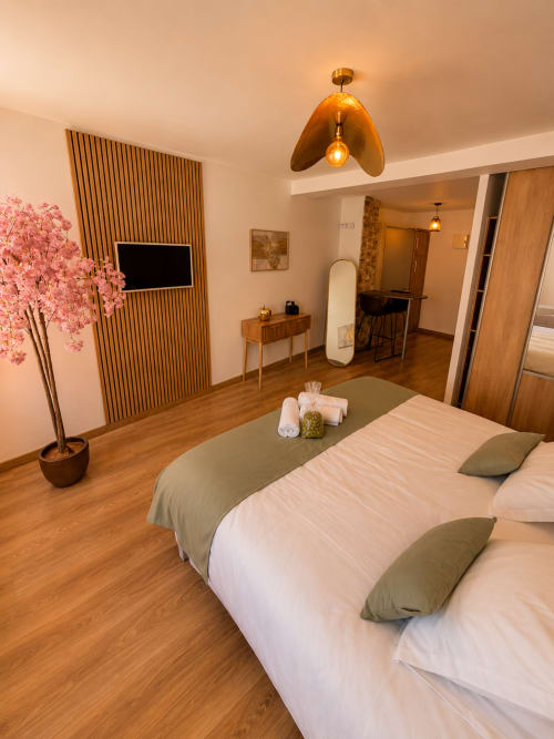 Modern studio apartment at Le Clos Androne in Sisteron with bed, wooden furnishings, pink flowers, and citadel view access