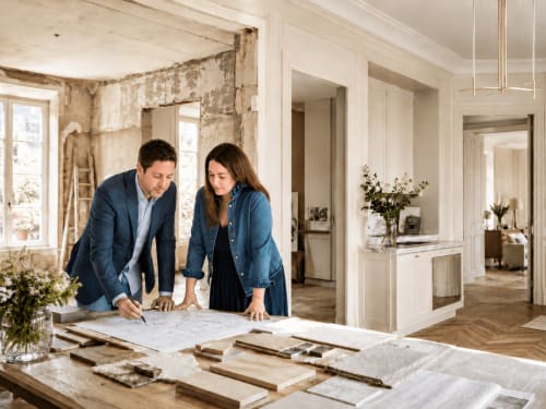 Couple reviewing renovation blueprints at ARLOÉ hotel in La Rochelle during interior design planning