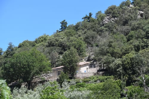 Stone cottage nestled among olive trees and vegetation on hillside in Chalencon, Ardèche with mountain views