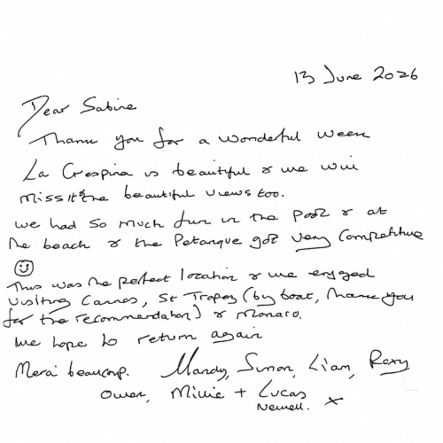 Lettre de remerciement manuscrite d'clients louant Bleu Mer Riviera aux Issambres, mentionnant La Crespina et la plage