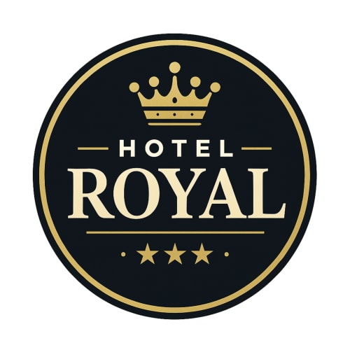 Hotel Royal Paris Ivry logo: gold crown and three stars on dark background, luxury 3-star hotel in Ivry-sur-Seine