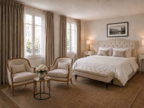 Chambre élégante du Château Alto Cormeil à Saint-Émilion avec mobilier crème, lit king-size, coin salon et hautes fenêtres