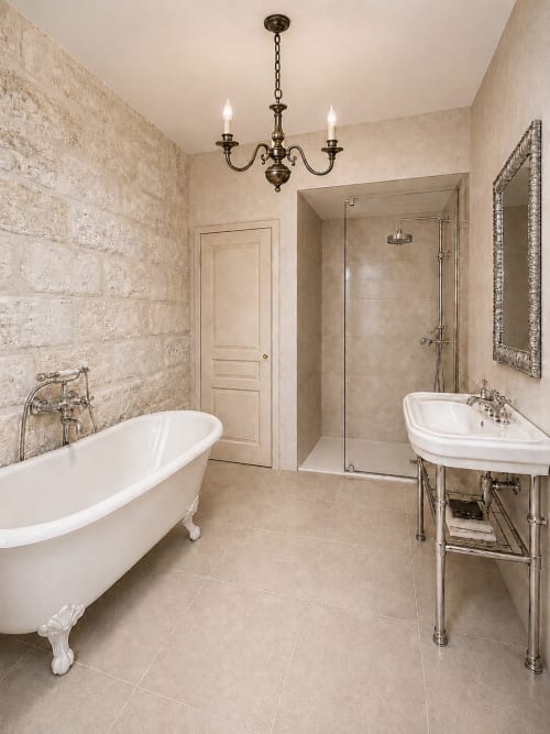 Salle de bains luxueuse au Château Alto Cormeil à Saint-Émilion avec baignoire îlot, douche spacieuse et lavabo sur colonne