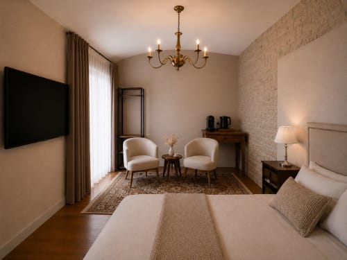 Chambre élégante du Château Alto Cormeil à Saint-Émilion avec lit queen-size, coin salon et lustre en laiton