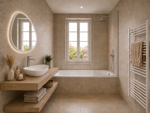 Salle de bain moderne au Château Alto Cormeil B&B à Saint-Émilion avec miroir ovale, lavabo blanc et baignoire