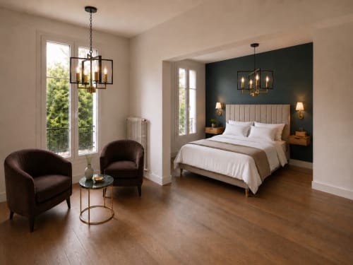 Chambre de luxe au Château Alto Cormeil à Saint-Émilion avec mur d'accent foncé, lit queen et coin salon