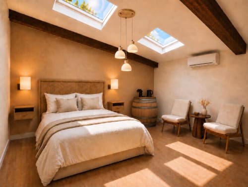 Chambre Le Chai du Château Alto Cormeil à Saint-Émilion avec puits de lumière, luminaires suspendus et décoration rustique moderne