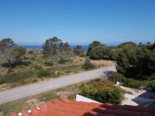 Coastal villa Casa Dourada in Aljezur with sea view, terracotta roof, winding road through Mediterranean vegetation