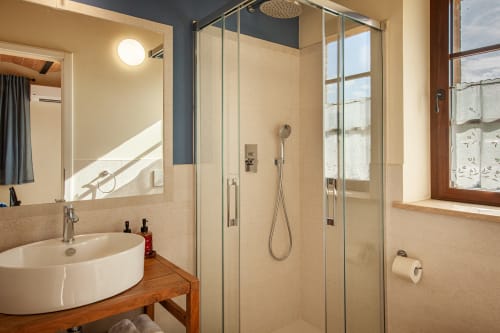 Modern bathroom with round white sink, glass shower enclosure, and natural light at Agriturismo Marinello in Pienza