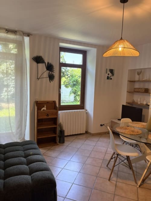 Petit appartement F1 moderne à Annecy avec séjour, table à manger, luminaire suspendu tressé, mobilier bois et vue sur le jardin