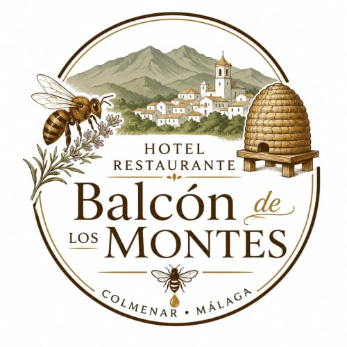 Logo del restaurante Hotel Balcón de los Montes con abeja, colmena y pueblo serrano de Colmenar, Málaga