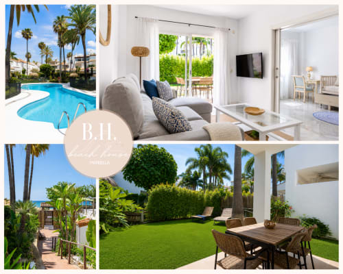 Casa de playa en Marbella con piscina, sala de estar, jardín y vistas al mar