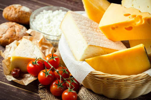 Artisan cheese and dairy products from Kmetija Pečnik farm in Prevalje with fresh tomatoes and bread