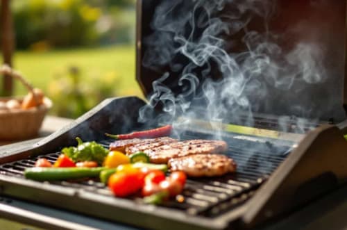 Outdoor barbecue grill with seared meat, fresh vegetables, and smoke at Clos Céleste in Ecrainville, France