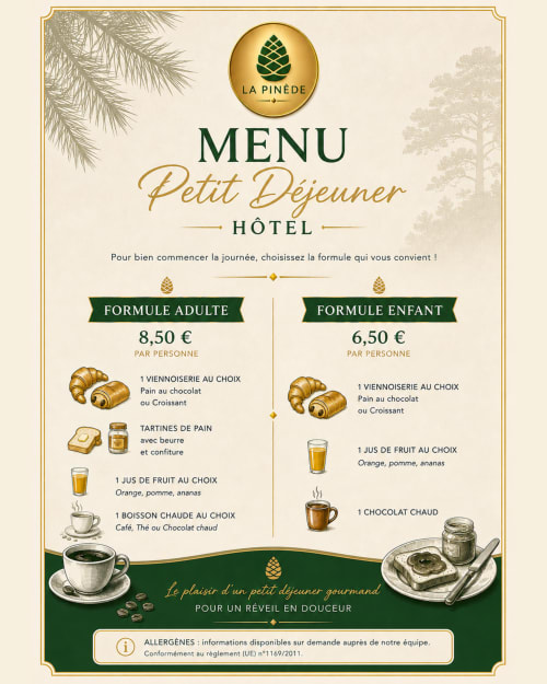 La Pinède hotel breakfast menu showing adult and children formulas with pastries, juice, and hot beverages