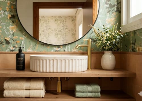 Lujoso tocador de baño en Marbella Views con lavamanos tipo copa, grifo dorado, espejo redondo, papel tapiz floral verde y flores frescas