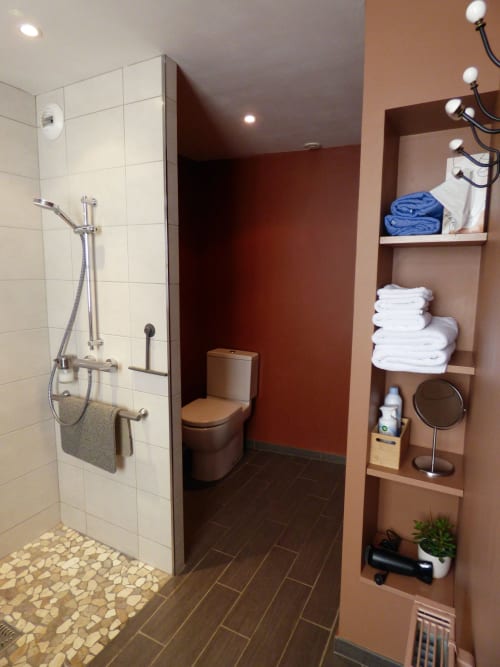 Modern accessible bathroom at Les Rives De La Tronne with walk-in shower, toilet, and storage shelves with towels