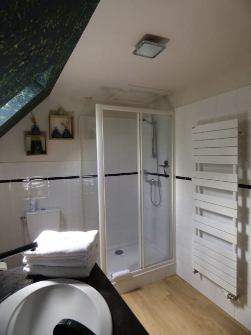 Modern bathroom in La Suite de l'Orangerie Duplex at Les Rives De La Tronne, featuring shower enclosure, heated towel rack,