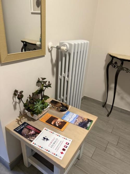 Interno di appartamento B&B a Orvieto con scrivania in legno, pianta in vaso, libri, termosifone bianco e specchio incorniciato