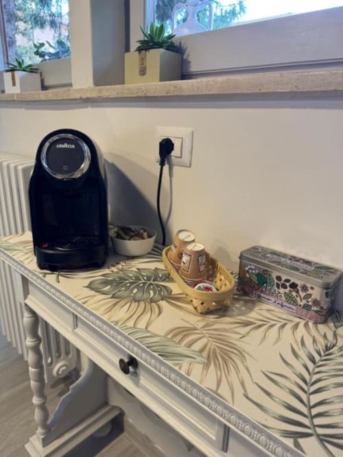 Caffettiera e bollitore su piano cottura con motivo decorativo di felci, appartamento Il Giardinetto di Elelú Orvieto