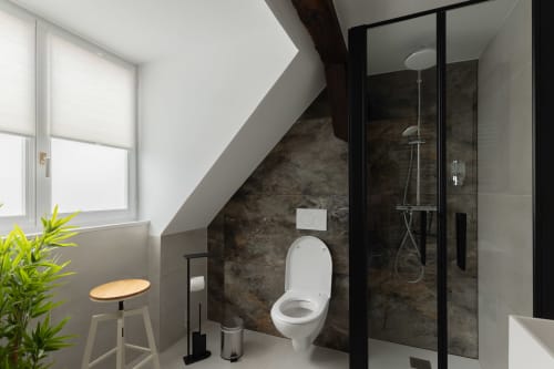 Modern bathroom in Le JO·LIE Duplex Colmar with toilet, walk-in shower, dark tile walls, and skylight window