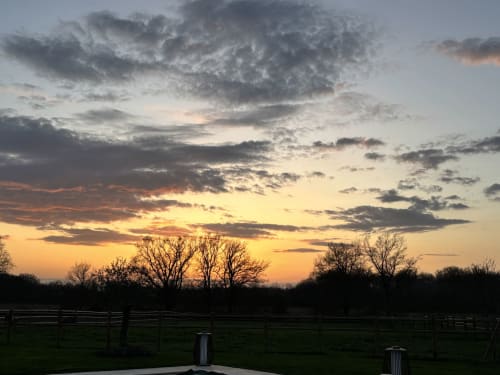Coucher de soleil dramatique sur les champs champêtres du Domaine du Pin à Romans, France, avec des arbres nus en silhouette