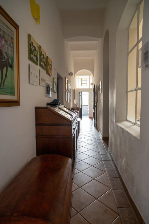 Lungo corridoio con pavimenti in cotto, mobili in legno e soffitto a volta presso Casa di Alfredo B&B a Siena, Italia