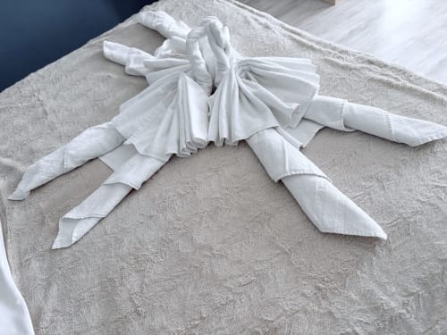 Décoration de cygne en serviette blanche sur le lit de l'hôtel-boutique Au Richebourg Nogent à Nogent-sur-Seine