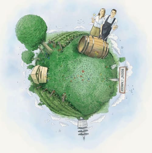 Charmante illustration d'un univers miniature de vignoble où un couple déguste le champagne à La Bertonnerie en Champagne, Prunay