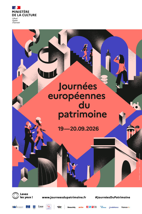 Affiche des Journées du Patrimoine Européen 2026 - 19-20 septembre - illustration architecturale colorée avec des visiteurs découvrant la culture