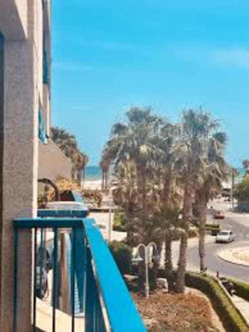 Blue railing balcony with palm trees and beach view at Pataconablue Rentals, Valencia beachfront apartment
