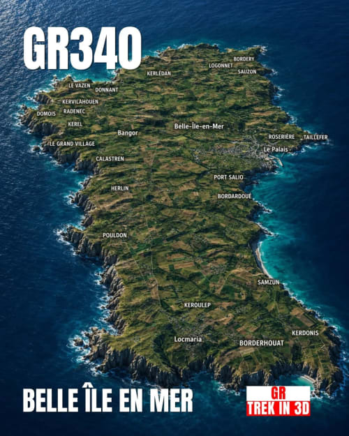 Carte du sentier de randonnée GR340 sur l'île de Belle-Île-en-Mer avec villes et villages côtiers identifiés