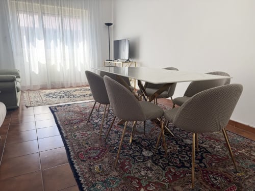 Modern dining room with grey upholstered chairs at white table, ornate rugs, sheer curtains, and TV in Rome apartment
