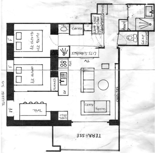 Plan de l'appartement de ski Zoppas Courchevel à Courchevel Village avec espaces de vie, chambres, cuisine et salles de bains