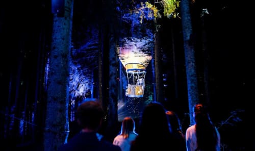 Guests viewing immersive blue forest projection at Hôtel Les Triolets in Châtel, France