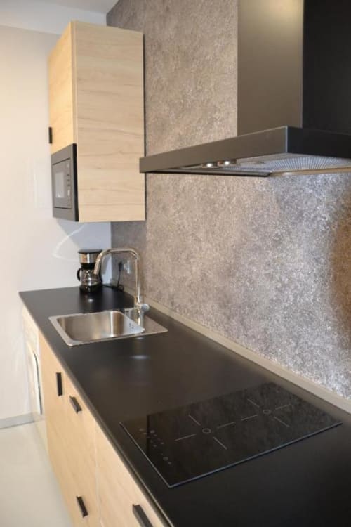 Cocina moderna en Apartamentos RJ26 León con muebles de madera clara, salpicadero de piedra gris, placa vitrocerámica negra y acero inoxidable