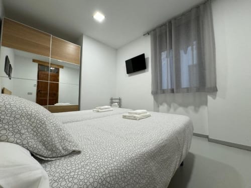 Dormitorio moderno en Apartamentos RJ26 León con cama, armario espejo, TV mural y ventana con vista a la ciudad