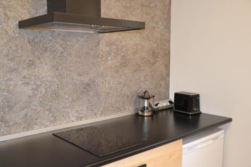 Moderna cocina con encimera negra, azulejos grises y campana extractora en el apartamento Apartamentos RJ26 León