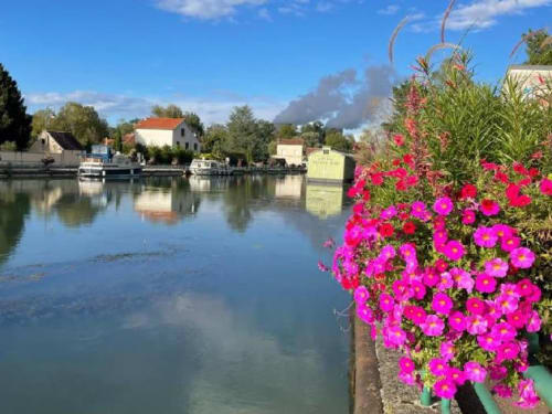 Des pétunias rose vif encadrent une vue paisible du canal à l'Au Richebourg Nogent B&B à Nogent-sur-Seine, France