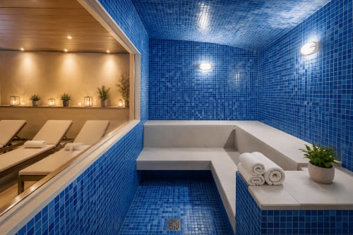 Sauna moderno com azulejos em mosaico azul, bancos de mármore branco, toalhas macias e iluminação ambiente no hotel Brasília