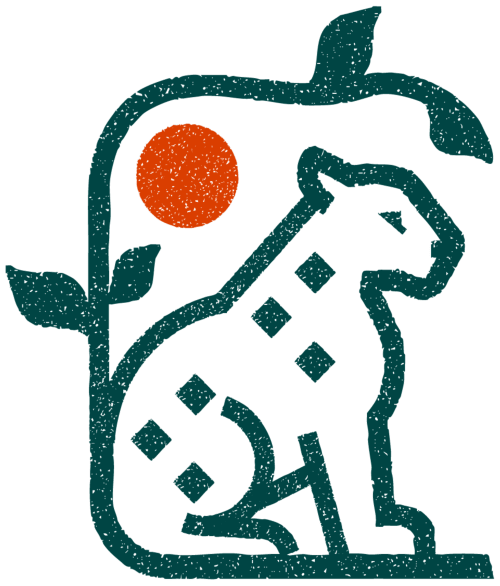 Icono del hotel Cenote Secreto Maya con sol rojo y diseño de planta color turquesa, Valladolid Yucatán
