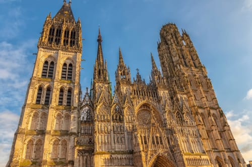 Rouen Cathedral's ornate Gothic spires and towers, a landmark near Skol In Normandy hotel, France
