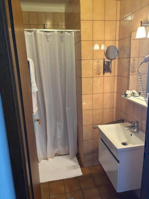 Salle de bains moderne avec douche, vasque blanche et murs en carreaux terracotta chauds à l'Hôtel Restaurant Le S'Y de Seingbouse