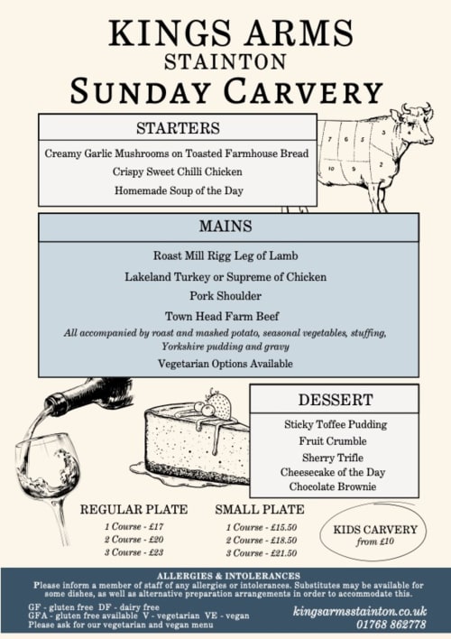 Kings Arms Stainton Sunday Carvery menu featuring lamb, turkey, chicken, pork and beef with traditional sides and desserts,