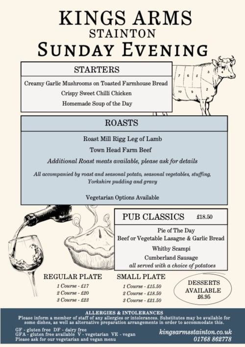 Kings Arms Stainton Sunday evening menu featuring roasts, starters, and pub classics in Cumbria