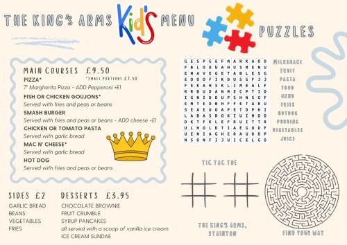The Kings Arms kids menu from Penrith featuring main courses, sides, desserts, puzzles and games including word search and